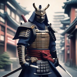 A highly detailed image of a traditional samurai warrior in full armor, standing in a bustling Japanese city with traditional and modern buildings