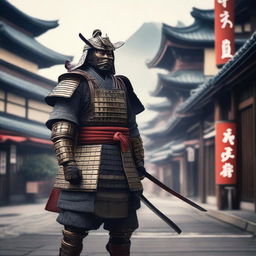 A highly detailed image of a traditional samurai warrior in full armor, standing in a bustling Japanese city with traditional and modern buildings