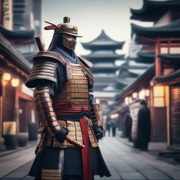 A highly detailed image of a traditional samurai warrior in full armor, standing in a bustling Japanese city with traditional and modern buildings