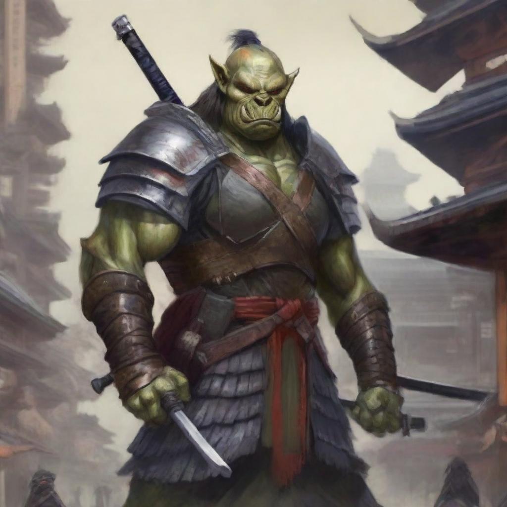 A highly detailed image of a traditional orc warrior in full samurai armor, standing in a bustling Japanese city with traditional and modern buildings