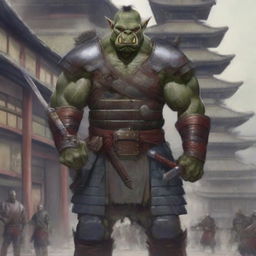 A highly detailed image of a traditional orc warrior in full samurai armor, standing in a bustling Japanese city with traditional and modern buildings