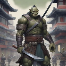 A highly detailed image of a traditional orc warrior in full samurai armor, standing in a bustling Japanese city with traditional and modern buildings