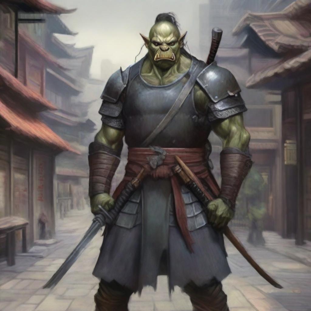 A highly detailed image of a traditional orc warrior in full samurai armor, standing in a bustling Japanese city with traditional and modern buildings