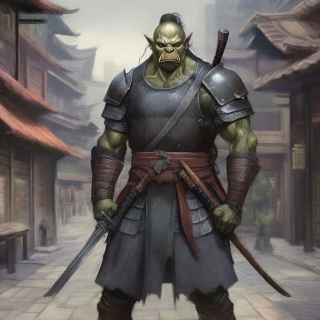 A highly detailed image of a traditional orc warrior in full samurai armor, standing in a bustling Japanese city with traditional and modern buildings