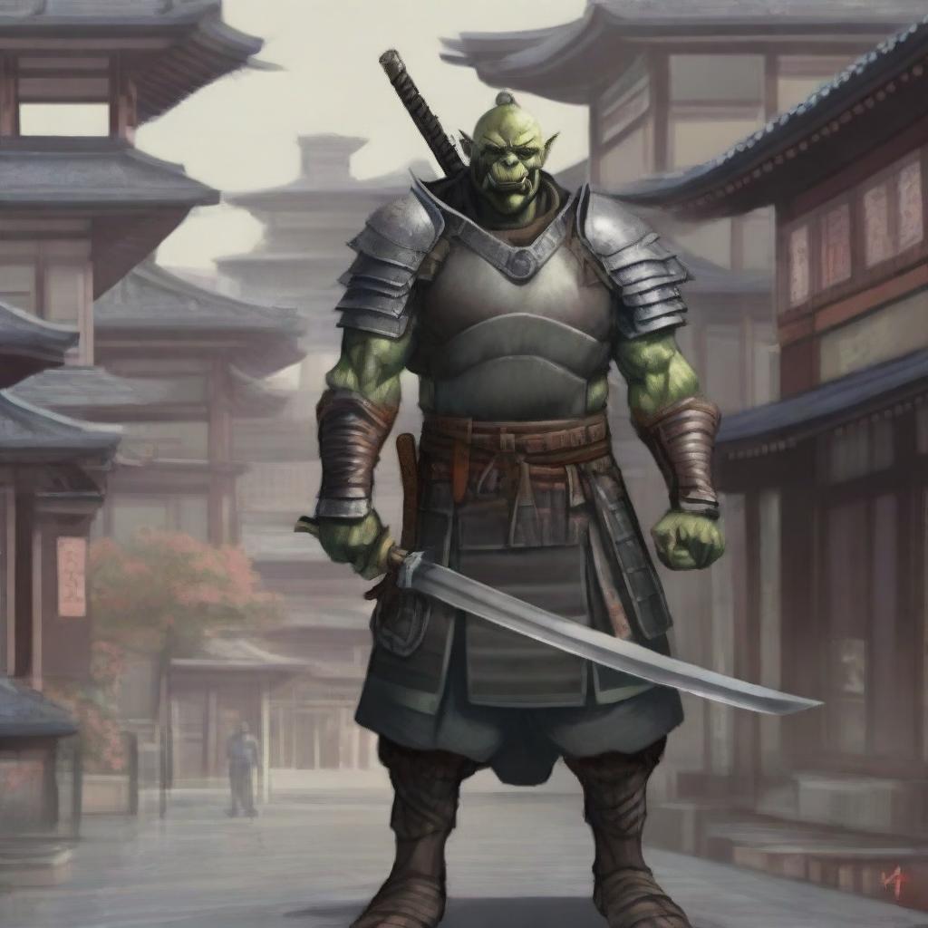 A highly detailed image of a traditional half-orc warrior in full samurai armor, standing in a bustling Japanese city with traditional and modern buildings