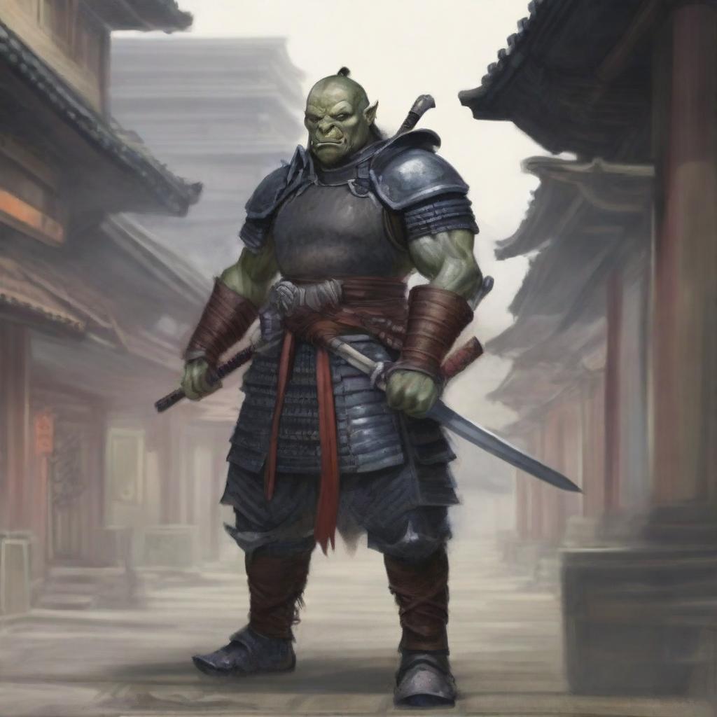 A highly detailed image of a traditional half-orc warrior in full samurai armor, standing in a bustling Japanese city with traditional and modern buildings