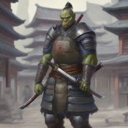 A highly detailed image of a traditional half-orc warrior in full samurai armor, standing in a bustling Japanese city with traditional and modern buildings