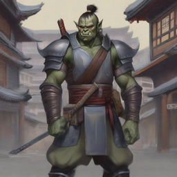 A highly detailed image of a traditional half-orc warrior in full samurai armor, standing in a bustling Japanese city with traditional and modern buildings