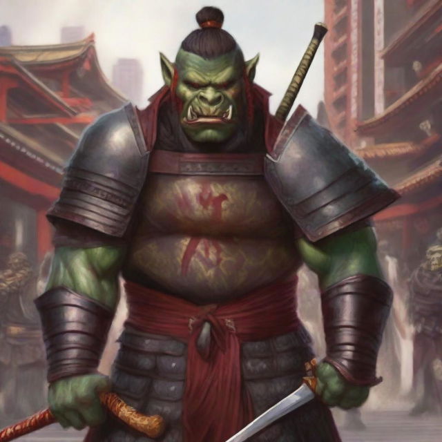 A highly detailed image of a traditional orc warrior in full samurai armor with vibrant red and gold colors, standing in a bustling Japanese city with traditional and modern buildings