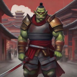 A highly detailed image of a traditional orc warrior in full samurai armor with vibrant red and gold colors, standing in a bustling Japanese city with traditional and modern buildings