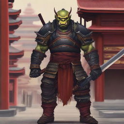 A highly detailed image of a traditional orc warrior in full samurai armor with vibrant red and gold colors, standing in a bustling Japanese city with traditional and modern buildings