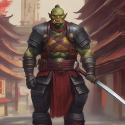 A highly detailed image of a traditional orc warrior in full samurai armor with vibrant red and gold colors, standing in a bustling Japanese city with traditional and modern buildings