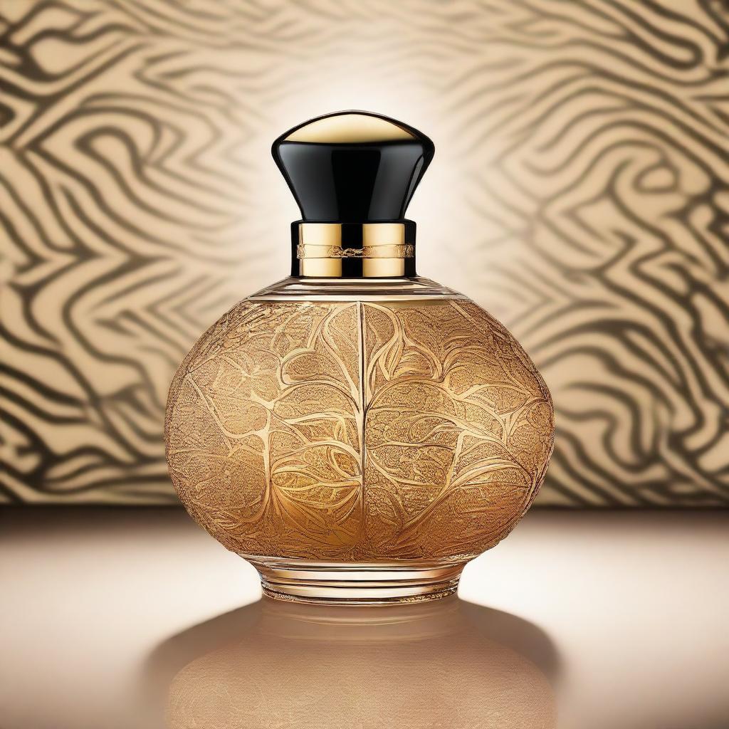 A captivating image of an addictive ambergris perfume bottle, elegantly designed with intricate patterns and a luxurious golden cap