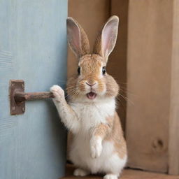 An adorable, humorous bunny knocking on a wooden door with a playful expression.