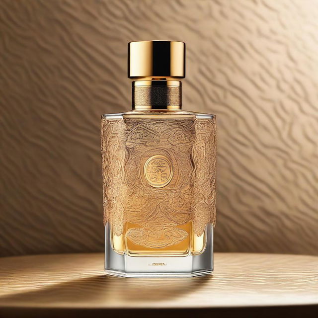 A captivating image of an addictive ambergris perfume bottle, elegantly designed with intricate patterns and a luxurious golden cap