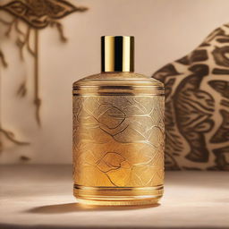 A captivating image of an addictive ambergris perfume bottle, elegantly designed with intricate patterns and a luxurious golden cap