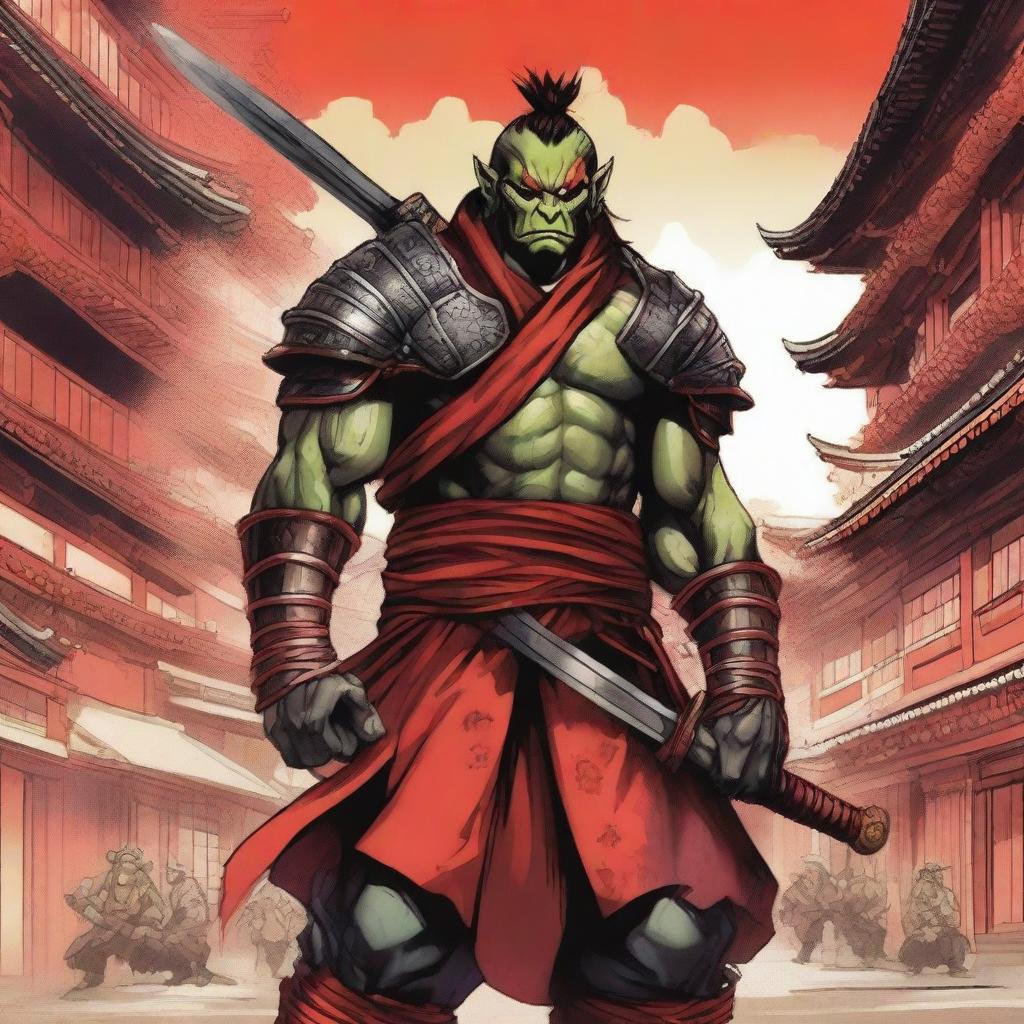 A highly detailed manga-style image of a traditional half-orc warrior in full samurai armor with vibrant red and gold colors, standing in a bustling Japanese city with traditional and modern buildings