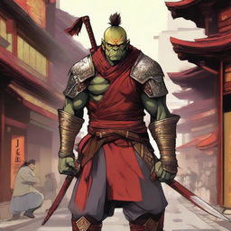 A highly detailed manga-style image of a traditional half-orc warrior in full samurai armor with vibrant red and gold colors, standing in a bustling Japanese city with traditional and modern buildings