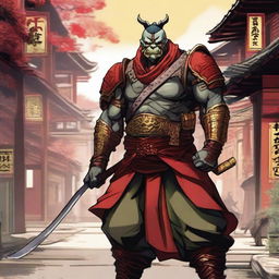 A highly detailed manga-style image of a traditional half-orc warrior in full samurai armor with vibrant red and gold colors, standing in a bustling Japanese city with traditional and modern buildings