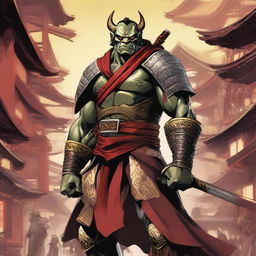 A highly detailed manga-style image of a traditional half-orc warrior in full samurai armor with vibrant red and gold colors, standing in a bustling Japanese city with traditional and modern buildings