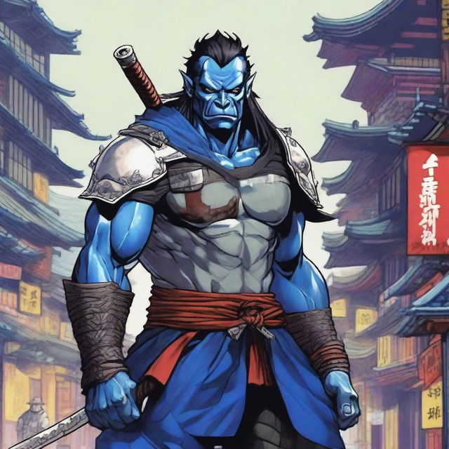 A highly detailed manga-style image of a traditional half-orc warrior in full samurai armor with vibrant blue and silver colors, standing in a bustling Japanese city with traditional and modern buildings