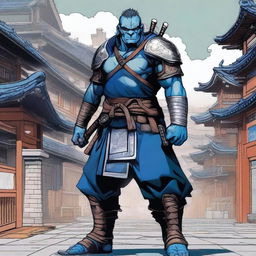 A highly detailed manga-style image of a traditional half-orc warrior in full samurai armor with vibrant blue and silver colors, standing in a bustling Japanese city with traditional and modern buildings