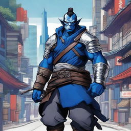 A highly detailed manga-style image of a traditional half-orc warrior in full samurai armor with vibrant blue and silver colors, standing in a bustling Japanese city with traditional and modern buildings