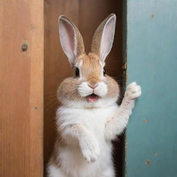 An adorable, humorous bunny knocking on a wooden door with a playful expression.