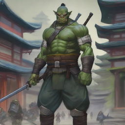 A highly detailed image of a green-skinned orc warrior in full samurai armor, standing in a bustling Japanese city with traditional and modern buildings