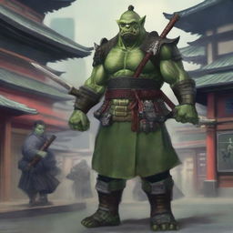 A highly detailed image of a green-skinned orc warrior in full samurai armor, standing in a bustling Japanese city with traditional and modern buildings