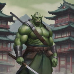 A highly detailed image of a green-skinned orc warrior in full samurai armor, standing in a bustling Japanese city with traditional and modern buildings