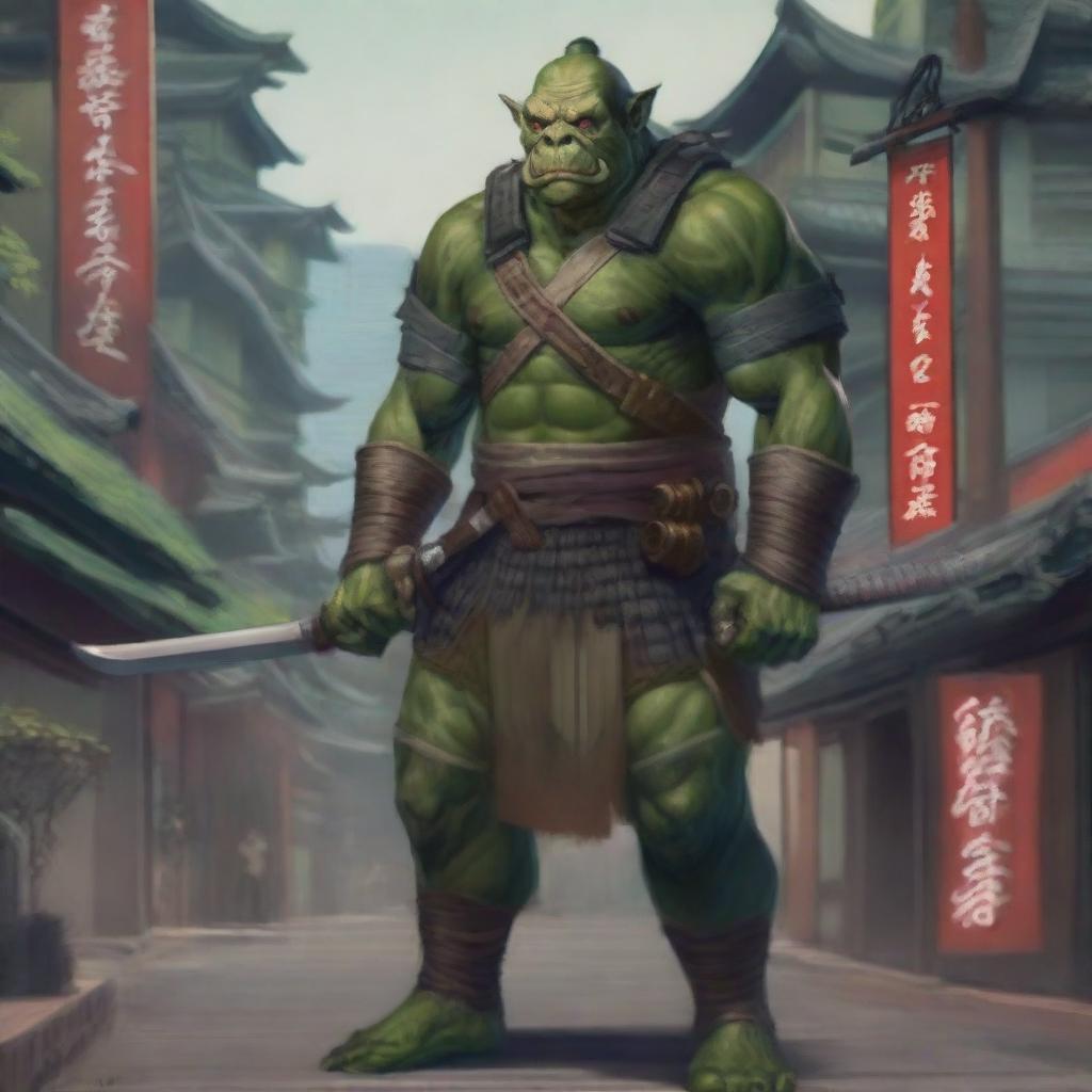 A highly detailed image of a green-skinned orc warrior in full samurai armor, standing in a bustling Japanese city with traditional and modern buildings