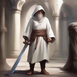 A realistic illustration of a Dungeons and Dragons character, a young dwarf in white temple robes carrying a long sword that is somewhat worn but looks like a relic