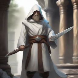 A realistic illustration of a Dungeons and Dragons character, a young dwarf in white temple robes carrying a long sword that is somewhat worn but looks like a relic