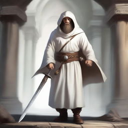 A realistic illustration of a Dungeons and Dragons character, a young dwarf in white temple robes carrying a long sword that is somewhat worn but looks like a relic