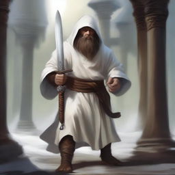 A realistic illustration of a Dungeons and Dragons character, a young dwarf in white temple robes carrying a long sword that is somewhat worn but looks like a relic