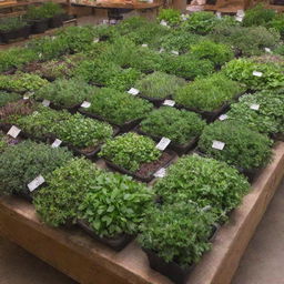 A marketplace brimming with various fresh, brightly colored herbs ready for trading. Each herb is labeled with its ID, displaying its unique characteristics for identification. Incidental lighting adds depth to the arrangement, highlighting the richness of the herbs.