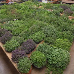 A marketplace brimming with various fresh, brightly colored herbs ready for trading. Each herb is labeled with its ID, displaying its unique characteristics for identification. Incidental lighting adds depth to the arrangement, highlighting the richness of the herbs.