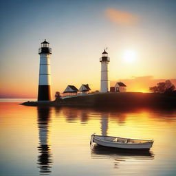 A romantic scene featuring a compass, a lighthouse, and a boat