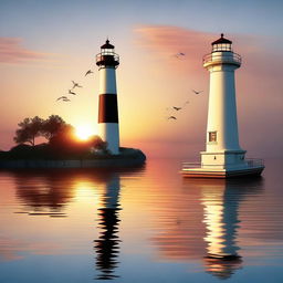 A romantic scene featuring a compass, a lighthouse, and a boat