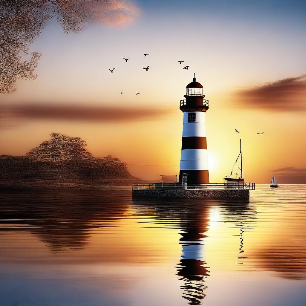 A romantic scene featuring a compass, a lighthouse, and a boat