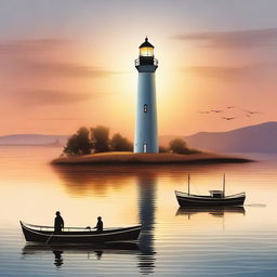 A romantic scene featuring a compass, a lighthouse, and a boat