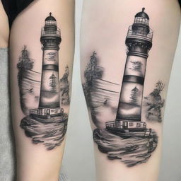 A black and white tattoo design featuring a compass, a lighthouse, and a boat with a couple in it