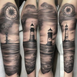 A black and white tattoo design featuring a compass, a lighthouse, and a boat with a couple in it