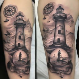 A black and white tattoo design featuring a compass, a lighthouse, and a boat with a couple in it