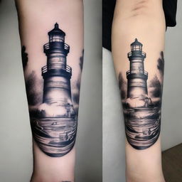 A black and white tattoo design featuring a compass, a lighthouse, and a boat with a couple in it