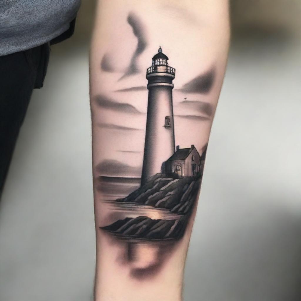 A detailed tattoo design featuring a lighthouse standing tall on a rocky shore, with a couple holding hands and looking at the lighthouse