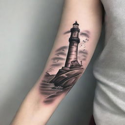 A detailed tattoo design featuring a lighthouse standing tall on a rocky shore, with a couple holding hands and looking at the lighthouse