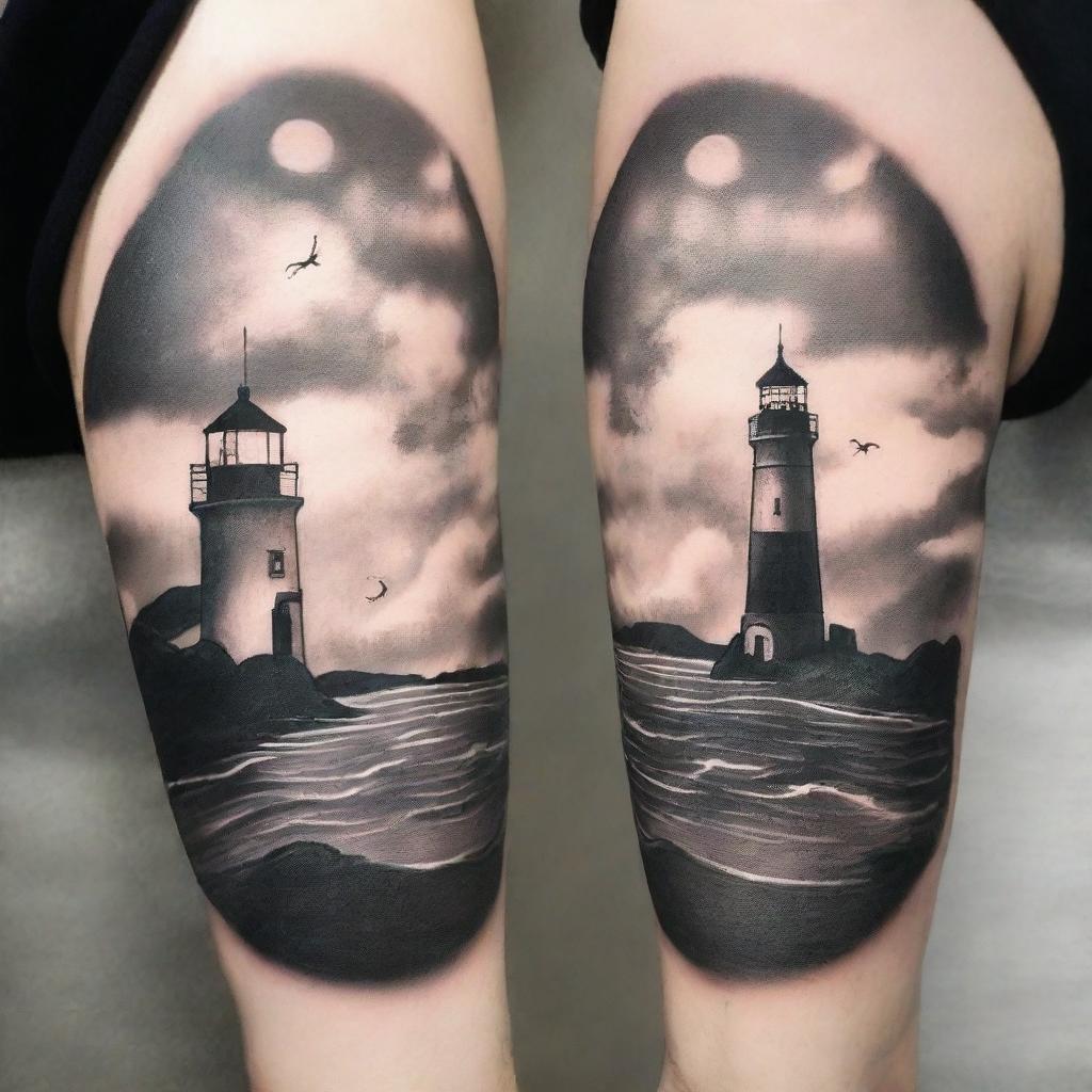 A detailed tattoo design featuring a lighthouse standing tall on a rocky shore, with a couple holding hands and looking at the lighthouse