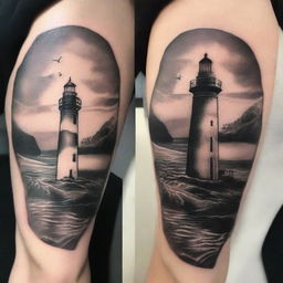 A detailed tattoo design featuring a lighthouse standing tall on a rocky shore, with a couple holding hands and looking at the lighthouse